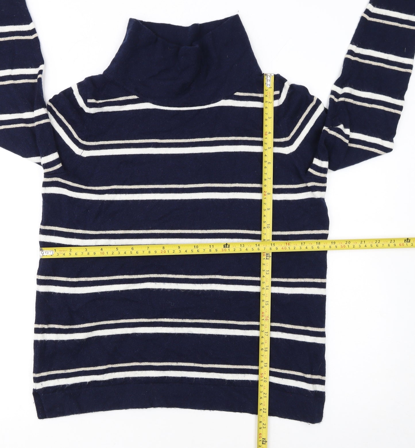Pure Collection Women's Blue Striped Roll Neck Wool Jumper Size 10