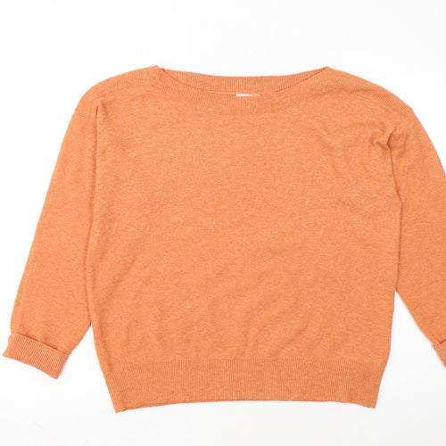 ICHI Women Orange Pullover Jumper M Boat Neck 3/4 Sleeve Knit