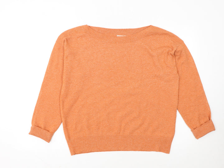 ICHI Women Orange Pullover Jumper M Boat Neck 3/4 Sleeve Knit