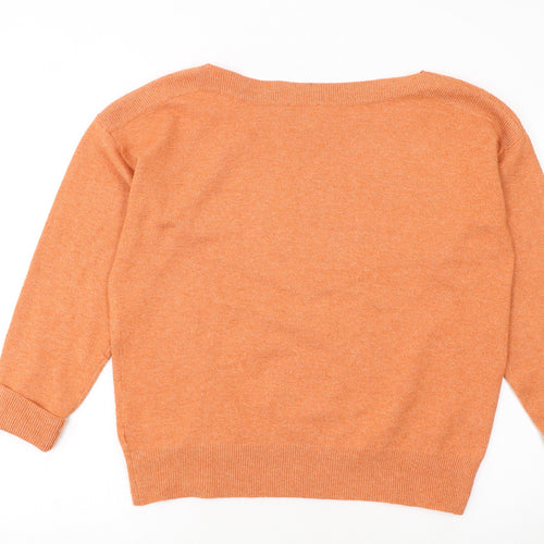 ICHI Women Orange Pullover Jumper M Boat Neck 3/4 Sleeve Knit