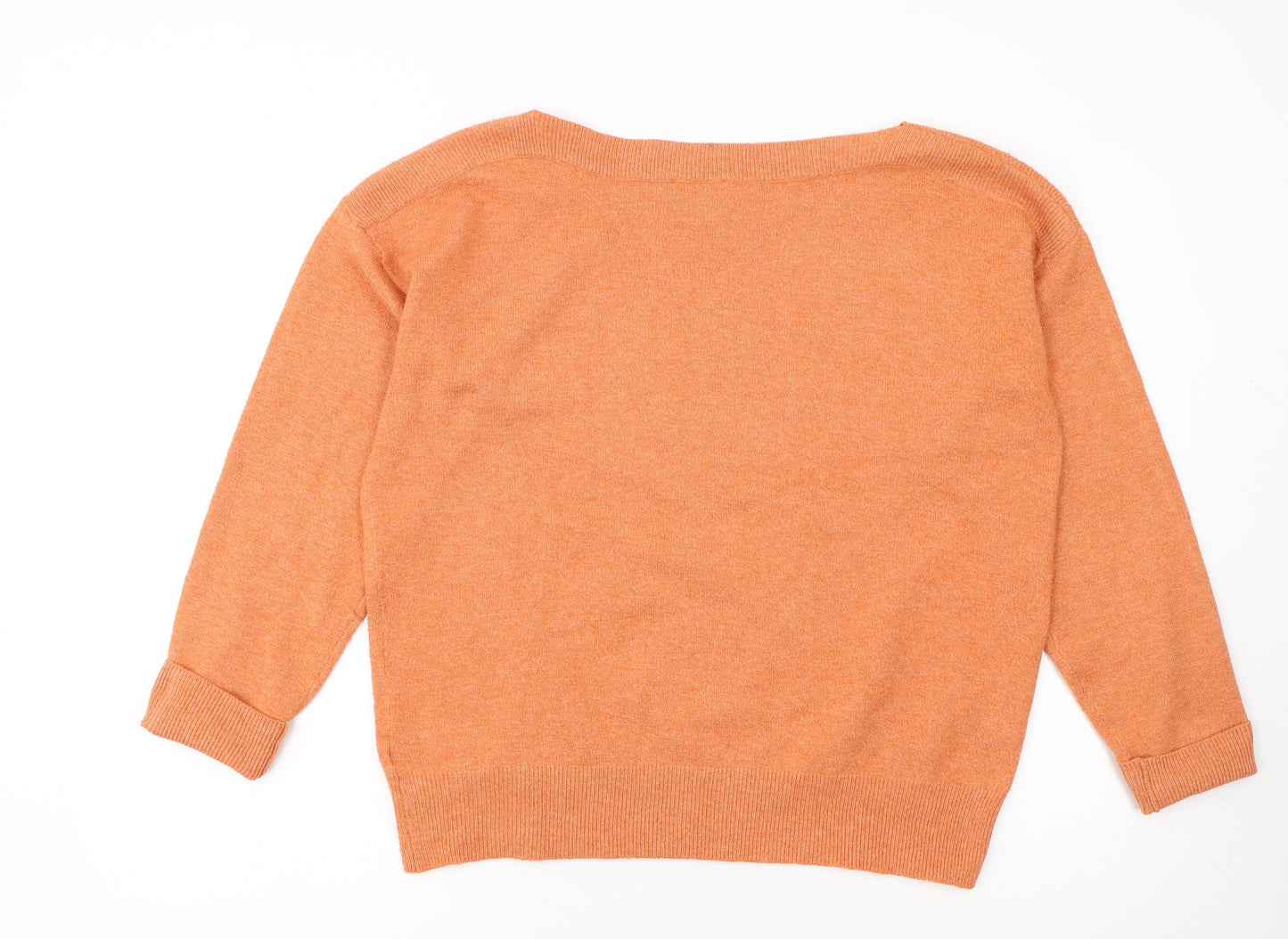 ICHI Women Orange Pullover Jumper M Boat Neck 3/4 Sleeve Knit