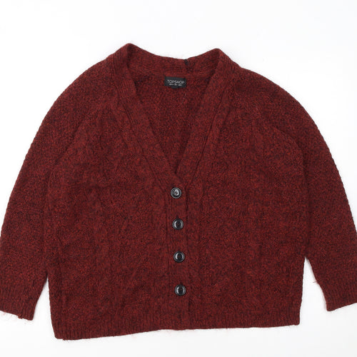 Topshop Women Red Size 8 Chunky Knit Wool Blend V-Neck Cardigan