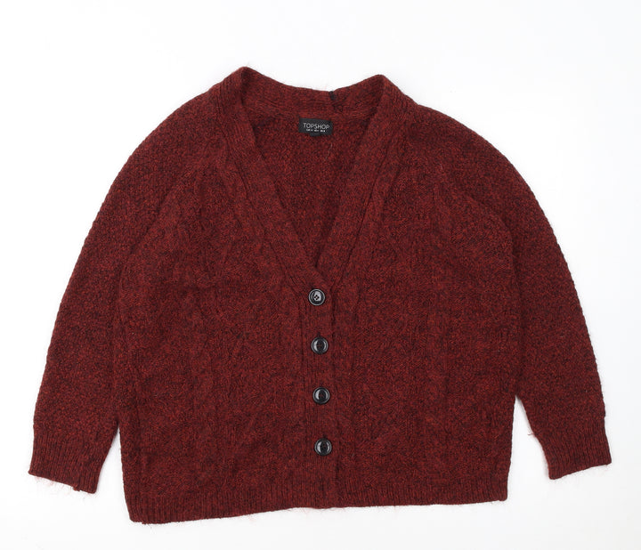 Topshop Women Red Size 8 Chunky Knit Wool Blend V-Neck Cardigan