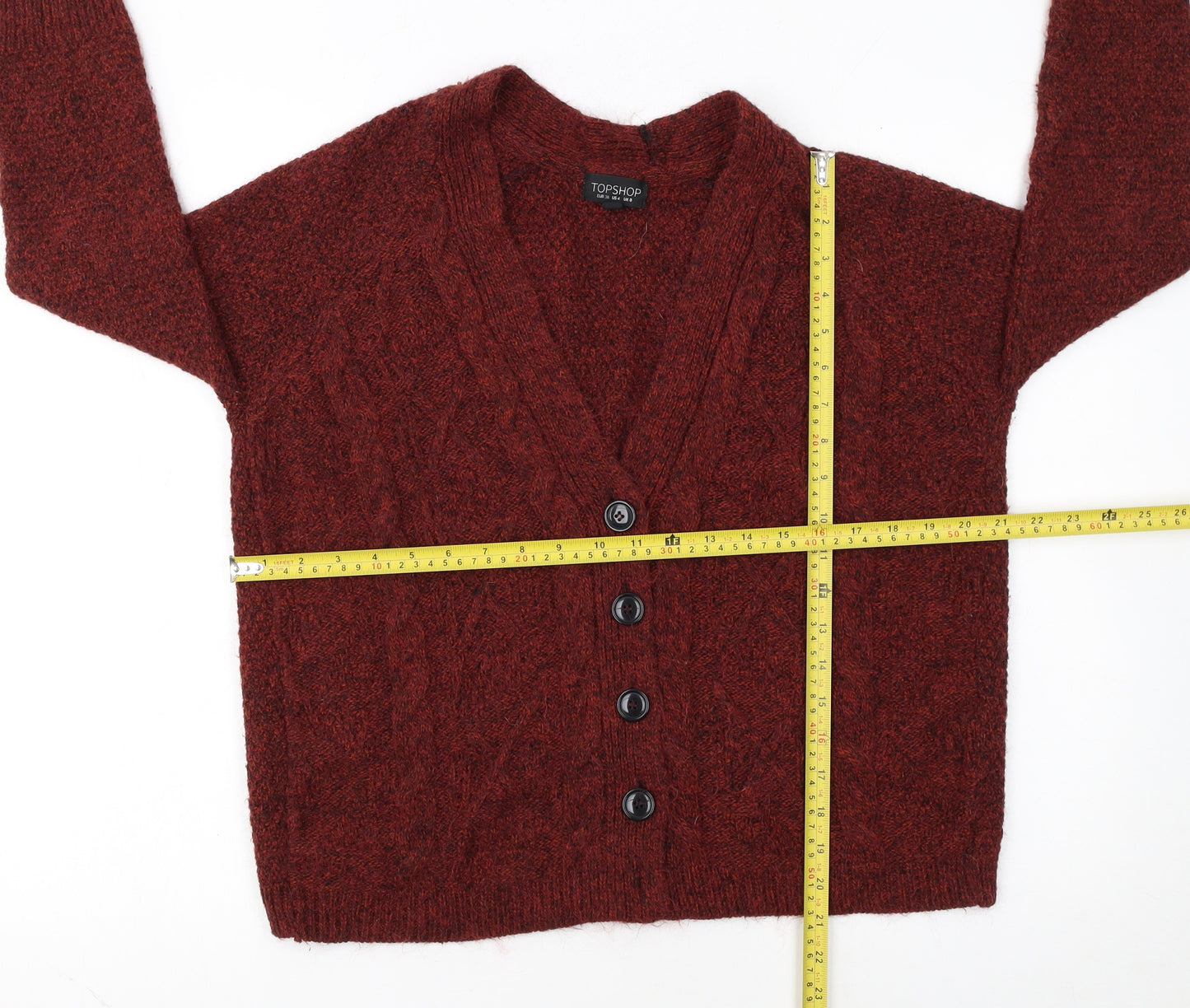 Topshop Women Red Size 8 Chunky Knit Wool Blend V-Neck Cardigan