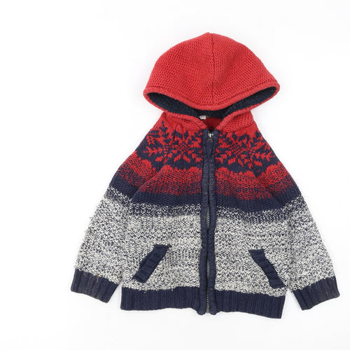 FatFace Boys Red Blue Fair Isle Hooded Full Zip Cardigan 2-3 Years Winter Knit