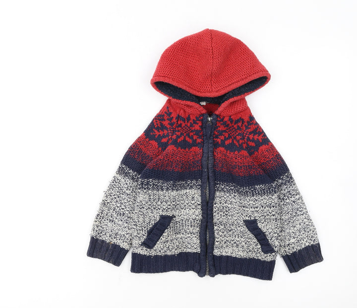 FatFace Boys Red Blue Fair Isle Hooded Full Zip Cardigan 2-3 Years Winter Knit