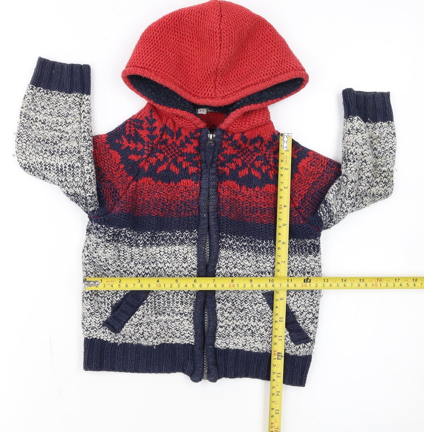 FatFace Boys Red Blue Fair Isle Hooded Full Zip Cardigan 2-3 Years Winter Knit