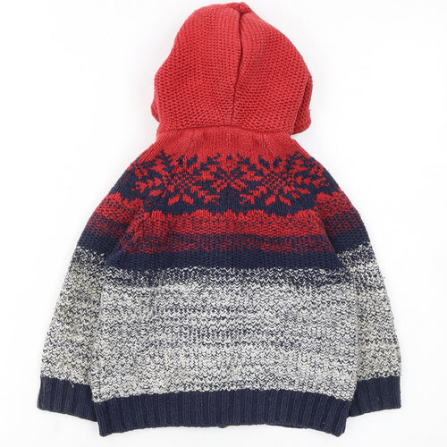 FatFace Boys Red Blue Fair Isle Hooded Full Zip Cardigan 2-3 Years Winter Knit
