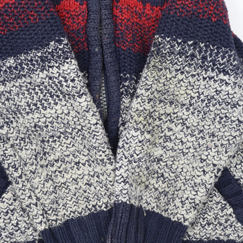 FatFace Boys Red Blue Fair Isle Hooded Full Zip Cardigan 2-3 Years Winter Knit