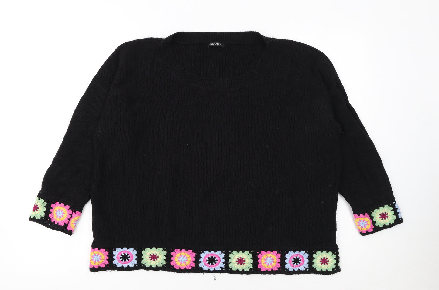 Roman Women Black 18 Crochet Trim Jumper 3/4 Sleeve Boho Knit