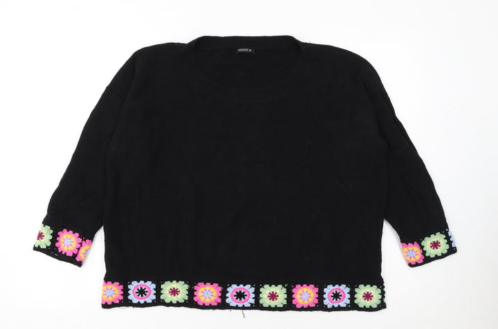 Roman Women Black 18 Crochet Trim Jumper 3/4 Sleeve Boho Knit
