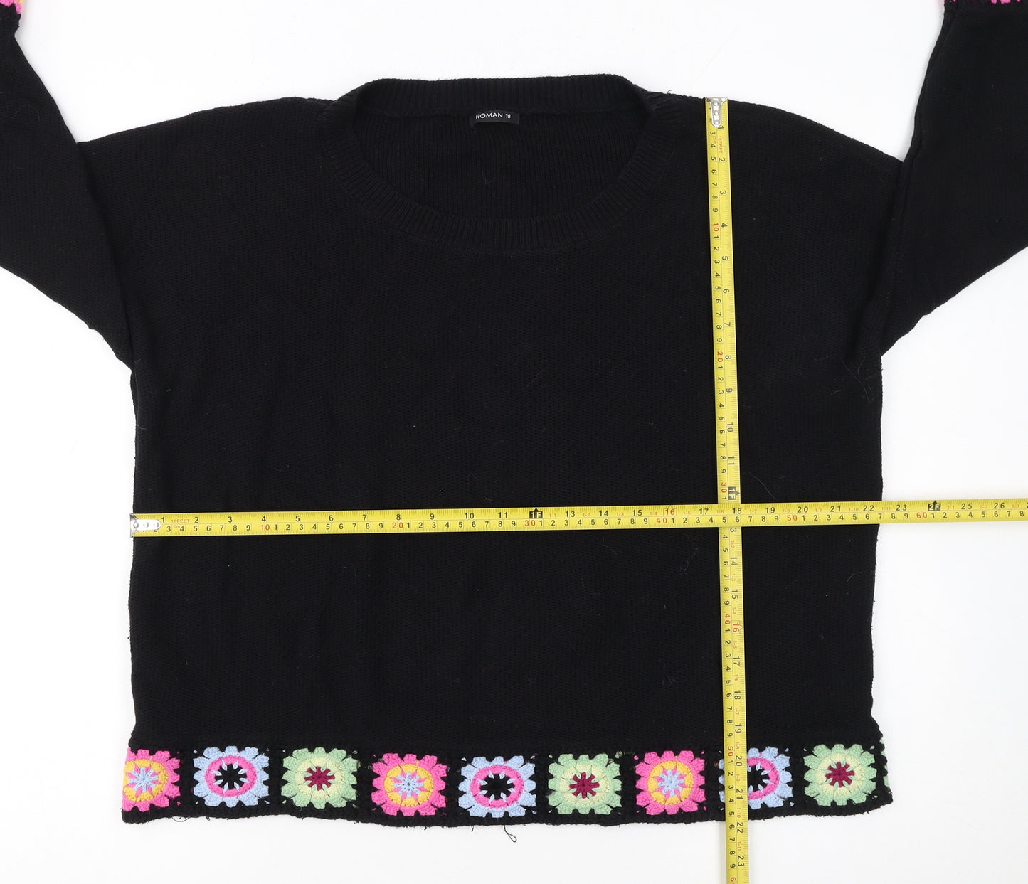 Roman Women Black 18 Crochet Trim Jumper 3/4 Sleeve Boho Knit