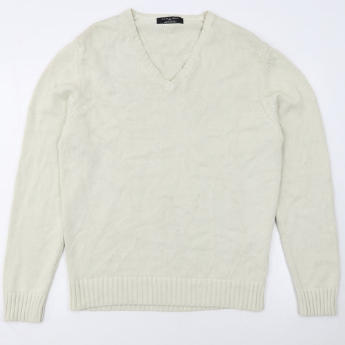 Zara Man Ivory Cotton V-Neck Pullover Jumper L Mens Knitwear