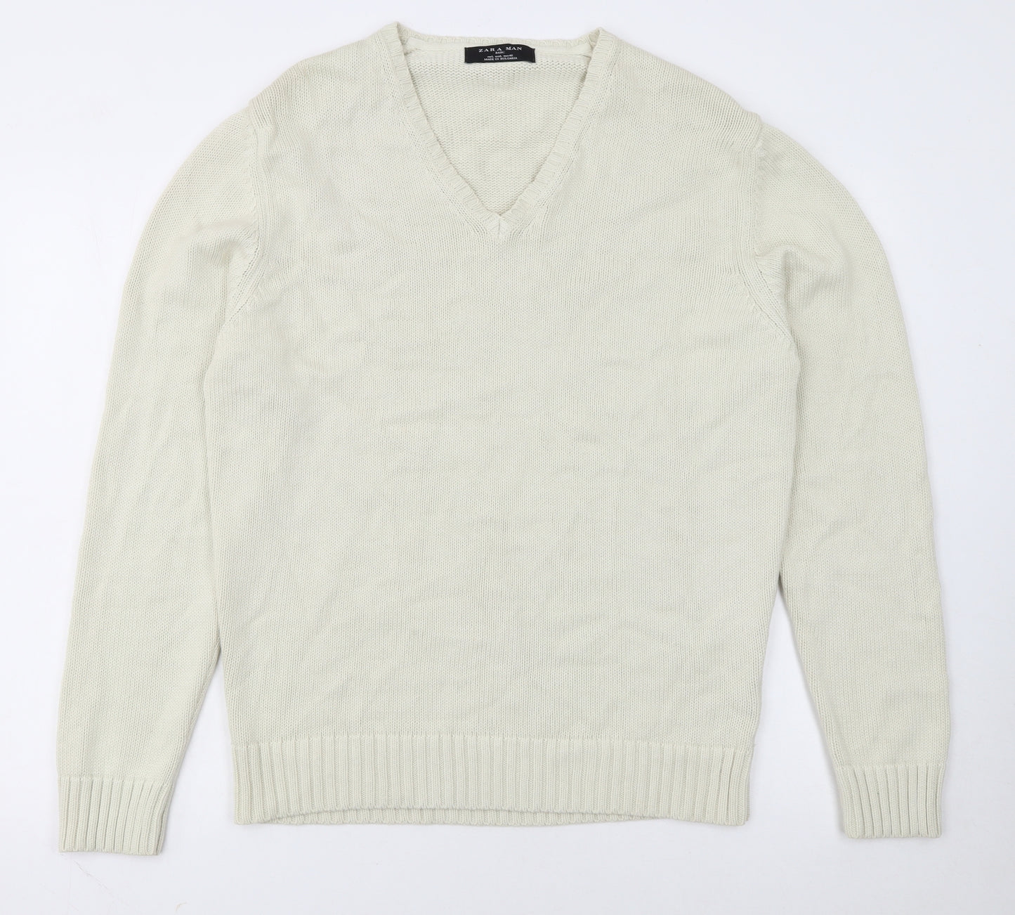 Zara Man Ivory Cotton V-Neck Pullover Jumper L Mens Knitwear