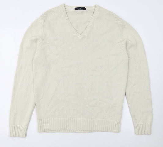 Zara Man Ivory Cotton V-Neck Pullover Jumper L Mens Knitwear