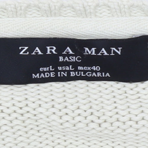 Zara Man Ivory Cotton V-Neck Pullover Jumper L Mens Knitwear