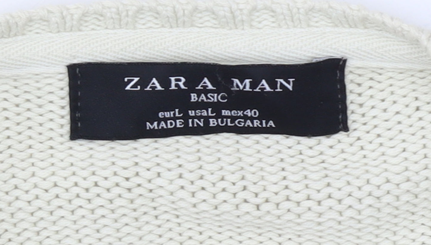 Zara Man Ivory Cotton V-Neck Pullover Jumper L Mens Knitwear