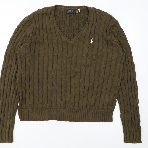 Ralph Lauren Women Brown Cotton Cable-Knit V-Neck Jumper L