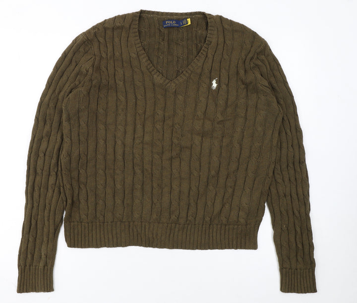Ralph Lauren Women Brown Cotton Cable-Knit V-Neck Jumper L