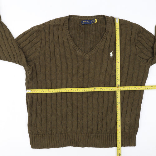 Ralph Lauren Women Brown Cotton Cable-Knit V-Neck Jumper L
