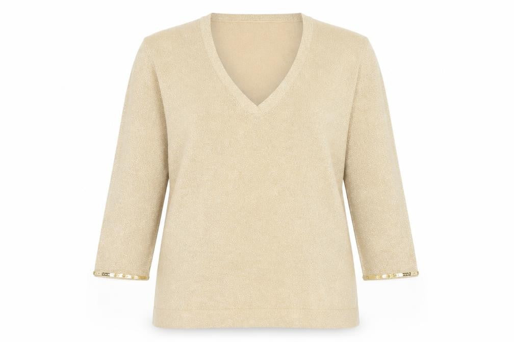 Front view of Anne Brooks women’s beige petite, size UK 16, sequin v-neck jumper