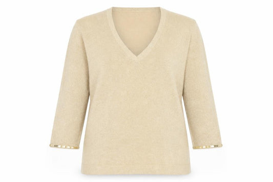 Front view of Anne Brooks women’s beige petite, size UK 16, sequin v-neck jumper