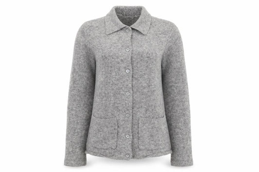 Front view of Next women’s grey merino wool collared button cardigan size small