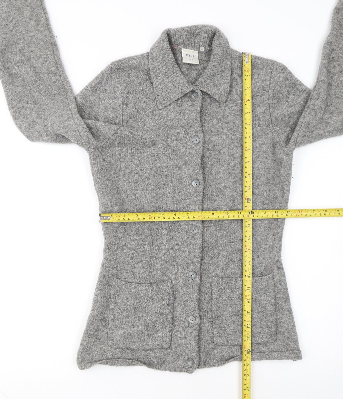 Next Womens Grey Merino Wool Collared Button Cardigan Size Small