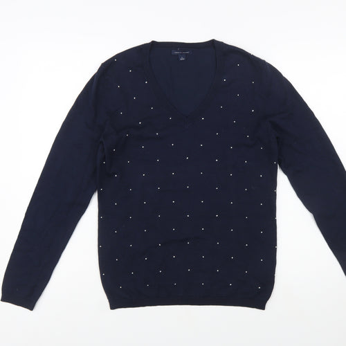 Tommy Hilfiger Women's Blue V-Neck Embellished Cotton Jumper Size M