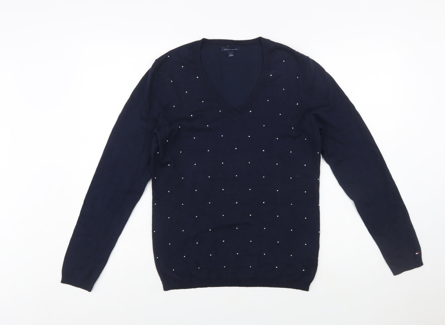 Tommy Hilfiger Women's Blue V-Neck Embellished Cotton Jumper Size M