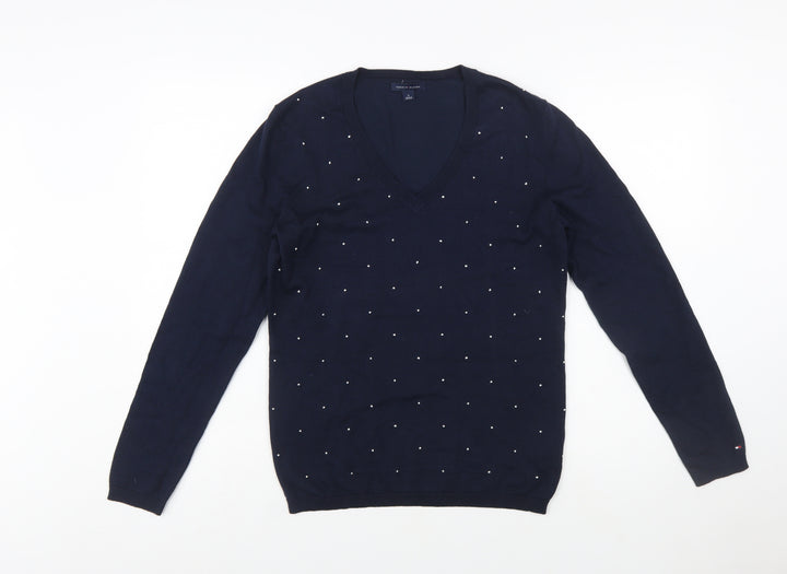 Tommy Hilfiger Women's Blue V-Neck Embellished Cotton Jumper Size M