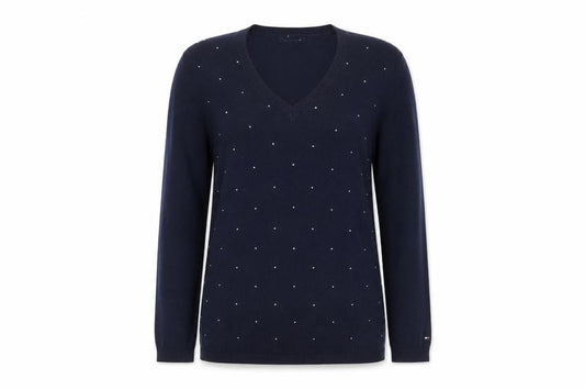 Front view of Tommy Hilfiger Women's Blue V-Neck Embellished Cotton Jumper, size M
