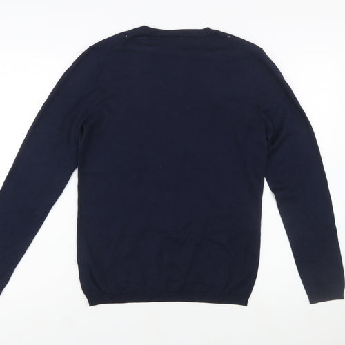 Tommy Hilfiger Women's Blue V-Neck Embellished Cotton Jumper Size M