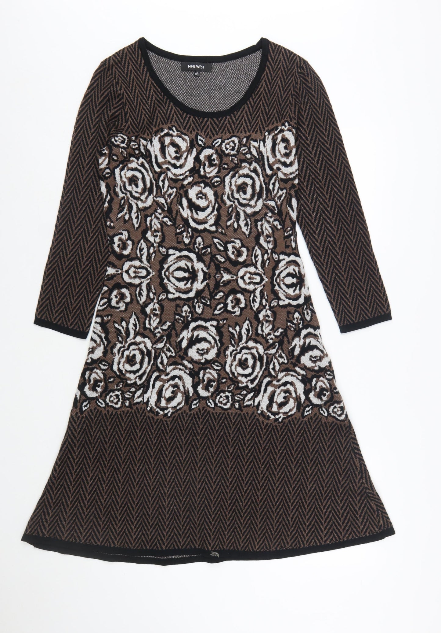 Nine West Women's Brown Floral Knit A-Line Dress Size S