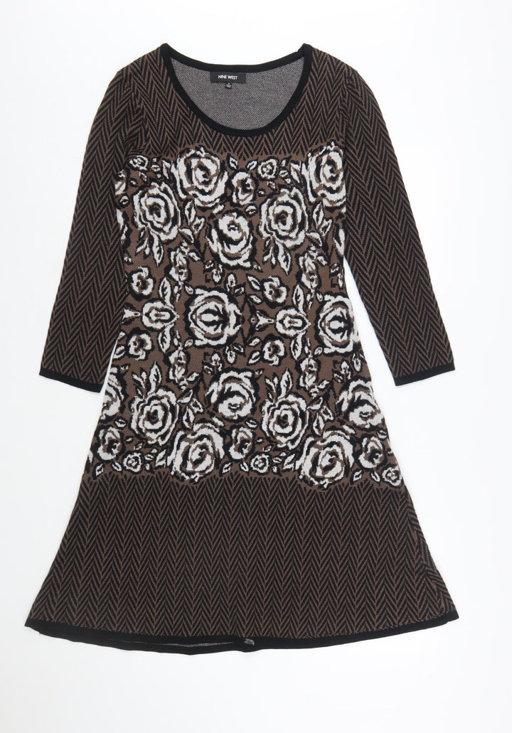 Nine West Women's Brown Floral Knit A-Line Dress Size S
