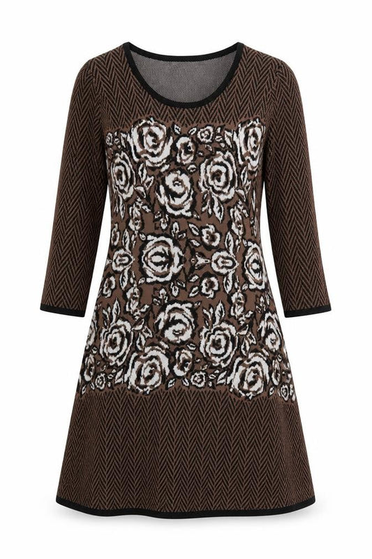 Front view of Nine West Women's Brown Floral Knit A-Line Dress, size S