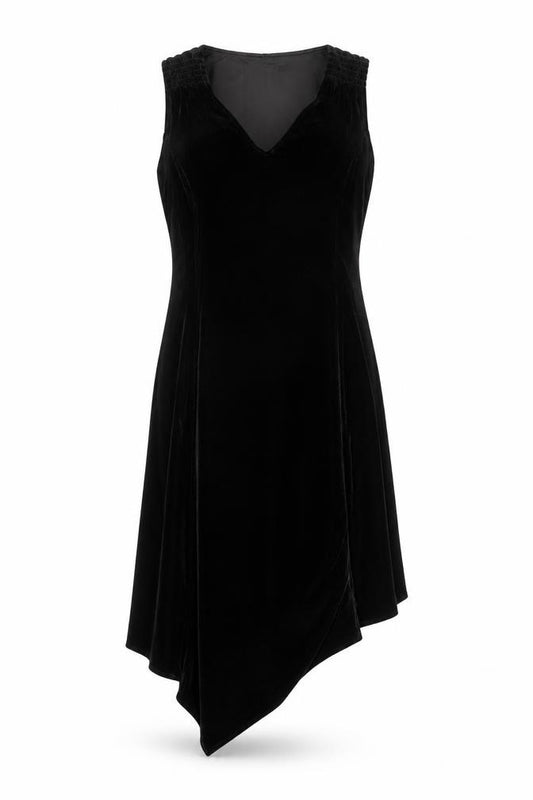 Front view of Jolibel Women's Black Velvet Asymmetric Sleeveless Midi Dress, size 8