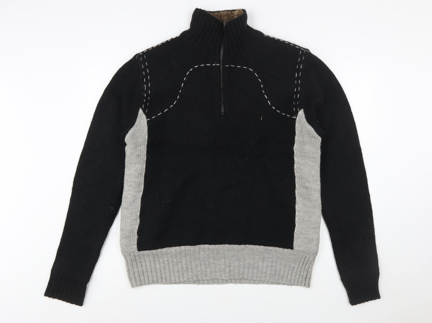 French Connection Men's Black Grey Wool 1/2 Zip Jumper L
