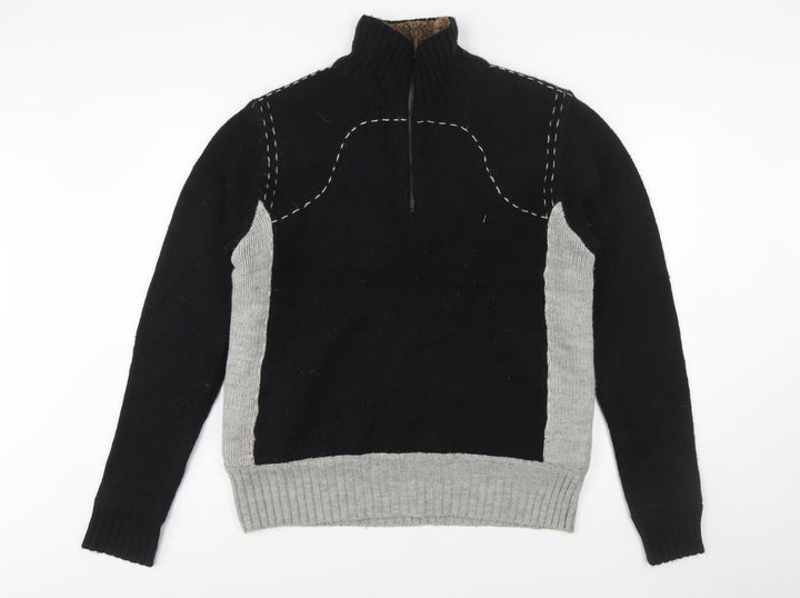 French Connection Men's Black Grey Wool 1/2 Zip Jumper L