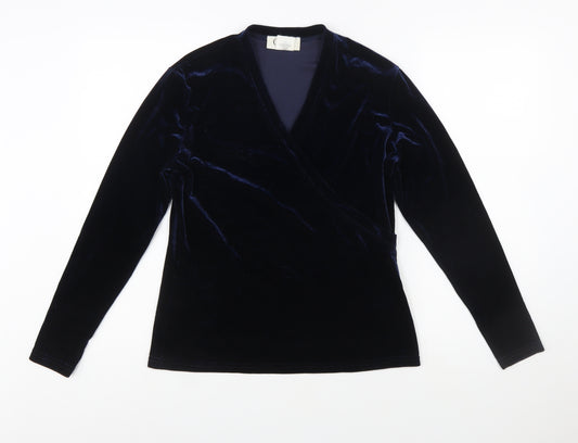 Cleo Women's Blue Velvet Wrap Blouse Size S Long Sleeve