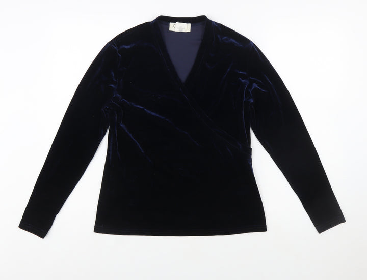 Cleo Women's Blue Velvet Wrap Blouse Size S Long Sleeve