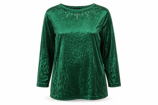 Front view of Truly Women’s Green Velvet Long Sleeve Beaded Blouse, size L