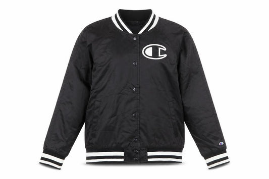 Front view of Champion Women Black M Varsity Jacket Lightweight Polyester