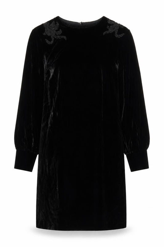 Front view of Rouie Women Black Velvet Knee Length Shift Dress, size 12