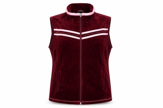 Front view of Café au Lait Women's Red Velour Zip Waistcoat XL Cotton Blend
