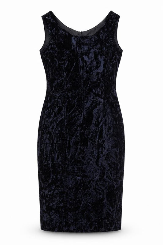Front view of Dramatiz Women's Black Velvet Sleeveless Sheath Dress, size 10