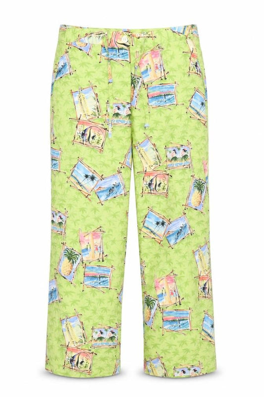 Front view of Holly Lane Women's Green Tropical Print Cropped Rayon Trousers, size S