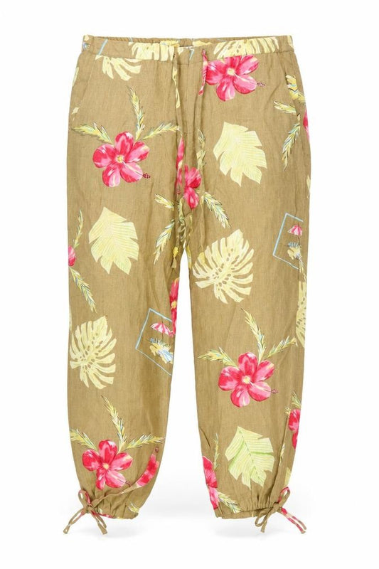 Front view of John Paul Richard Women’s Brown Floral Linen Cropped Trousers, size S