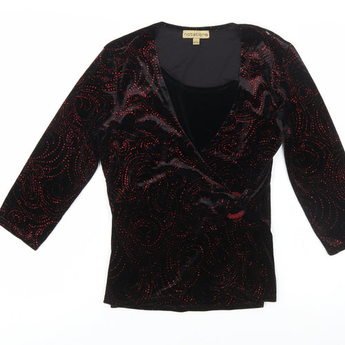 Notations Women's Black Velvet Wrap Blouse L Beaded Party Top