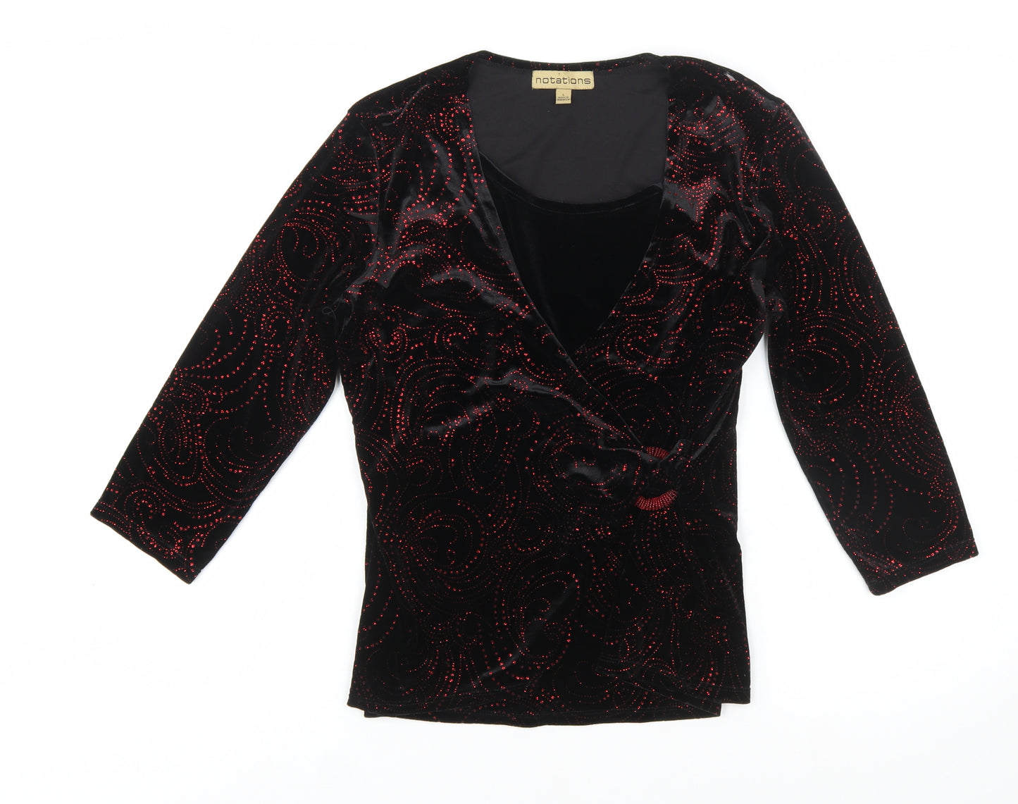 Notations Women's Black Velvet Wrap Blouse L Beaded Party Top